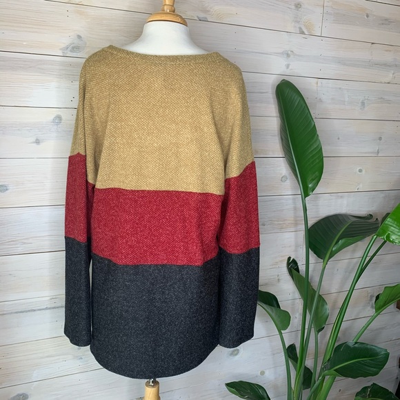 Tan Red Charcoal Colorblock Long Sleeve Sweater - Picture 5 of 8